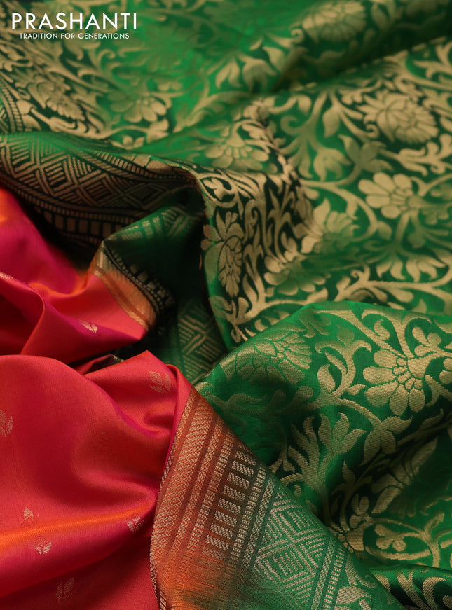 Ikat soft silk saree dual shade of pinkish orange and green with allover zari woven buttas and ikat style border