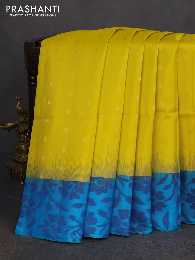 Ikat soft silk saree lime yellow and dual shade of teal blue with allover zari woven buttas and ikat style border
