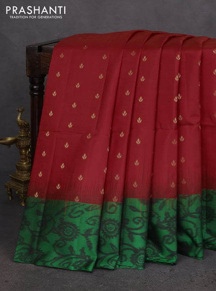 Ikat soft silk saree red and green with allover zari woven buttas and ikat style border