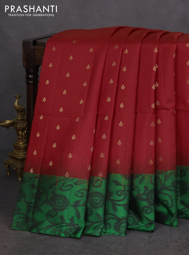 Ikat soft silk saree red and green with allover zari woven buttas and ikat style border