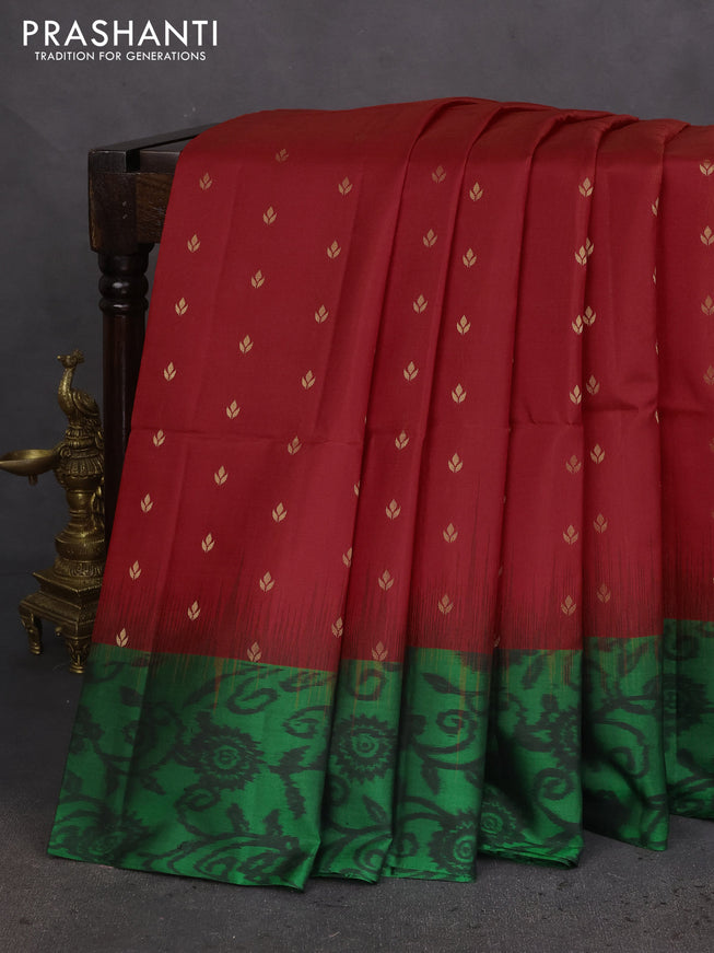 Ikat soft silk saree red and green with allover zari woven buttas and ikat style border