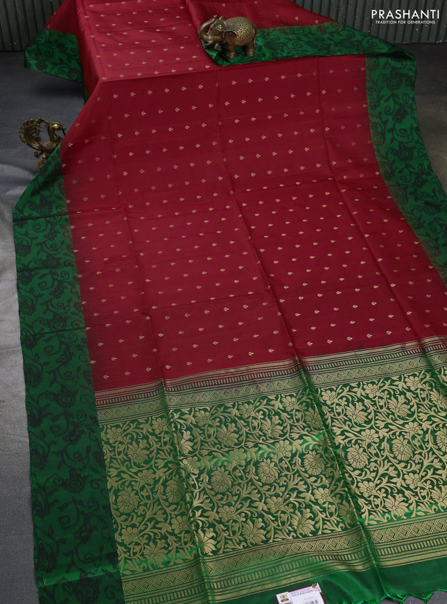 Ikat soft silk saree red and green with allover zari woven buttas and ikat style border