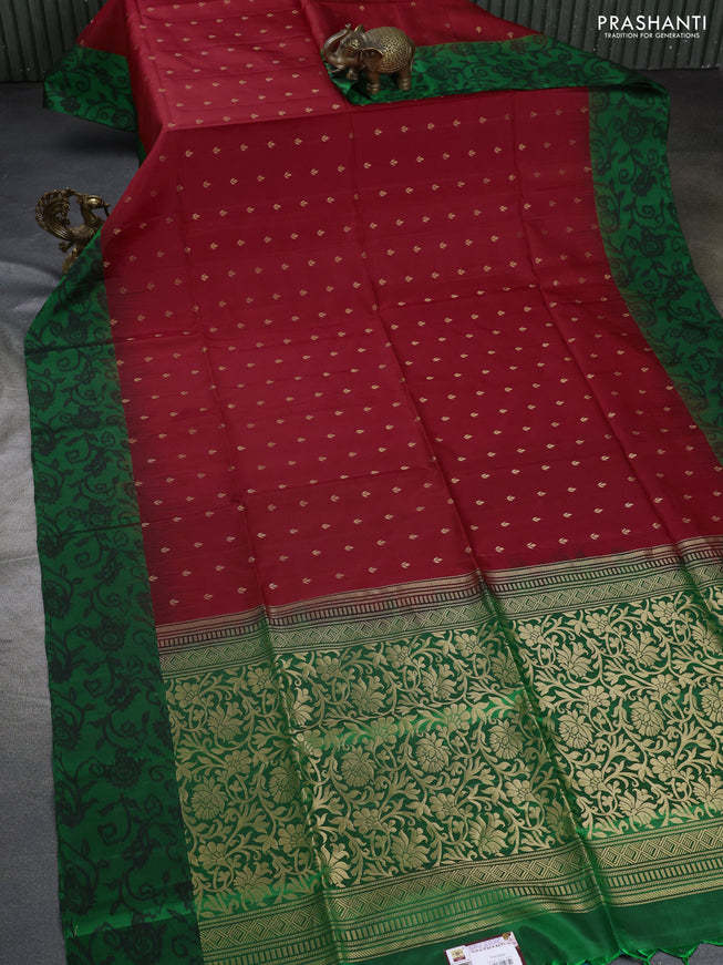 Ikat soft silk saree red and green with allover zari woven buttas and ikat style border