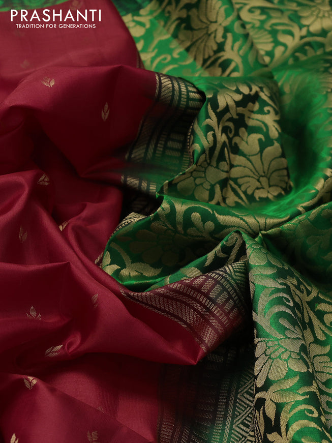 Ikat soft silk saree red and green with allover zari woven buttas and ikat style border
