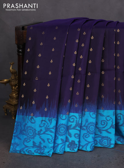 Ikat soft silk saree dark blue and cs blue with allover zari woven buttas and ikat style border
