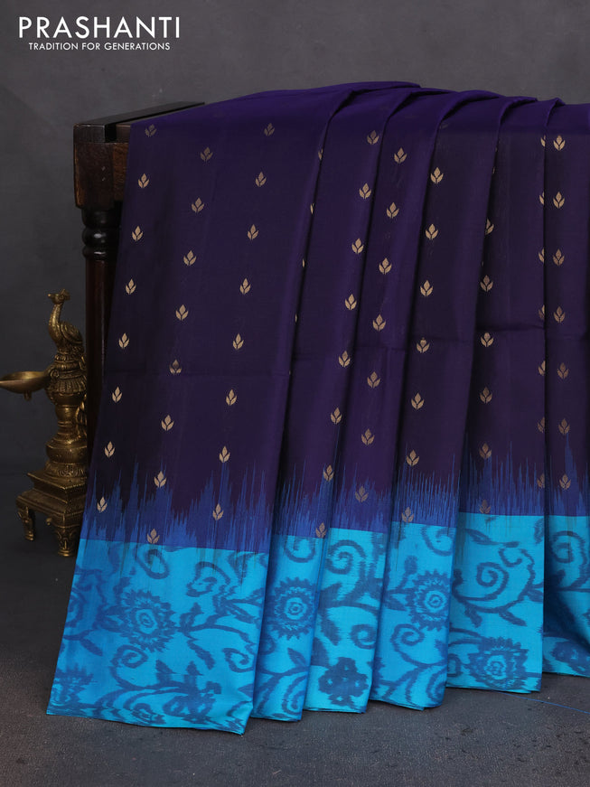 Ikat soft silk saree dark blue and cs blue with allover zari woven buttas and ikat style border