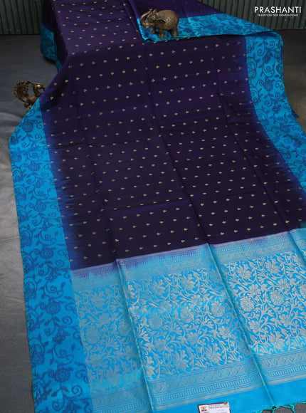 Ikat soft silk saree dark blue and cs blue with allover zari woven buttas and ikat style border