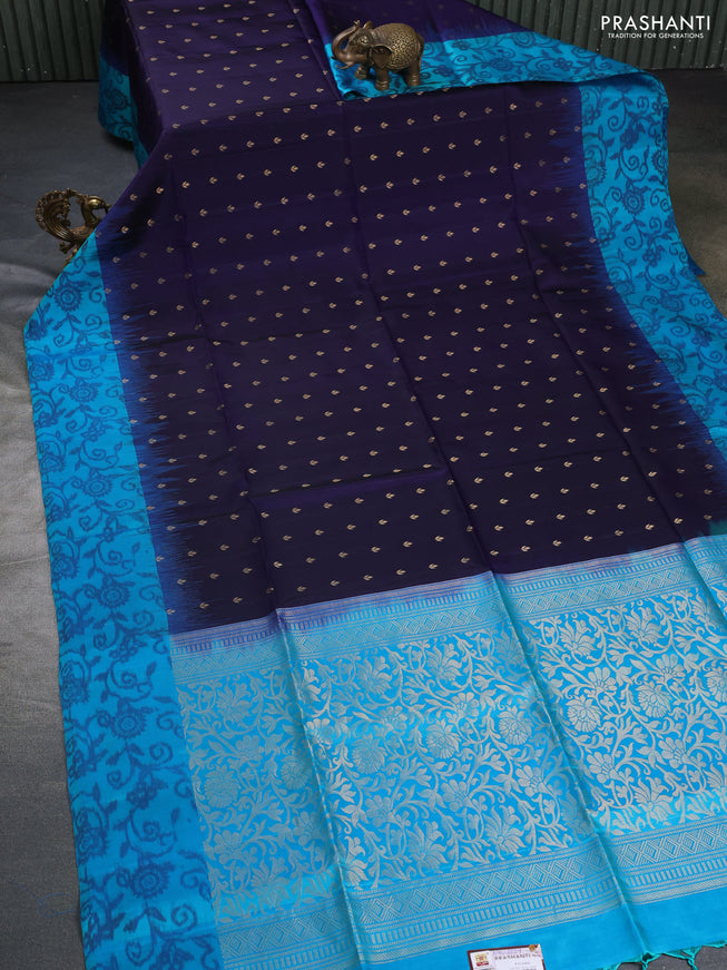 Ikat soft silk saree dark blue and cs blue with allover zari woven buttas and ikat style border