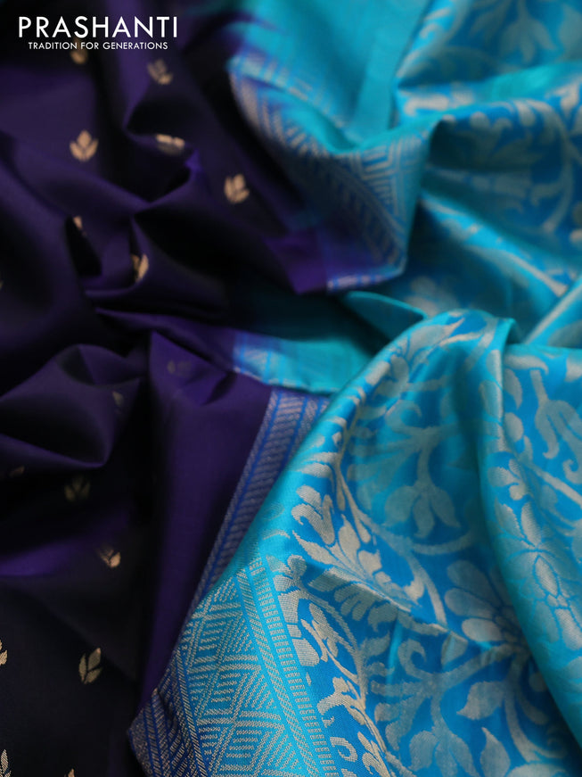 Ikat soft silk saree dark blue and cs blue with allover zari woven buttas and ikat style border