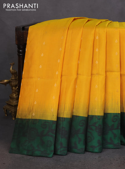 Ikat soft silk saree mango yellow and green with allover zari woven buttas and ikat style border