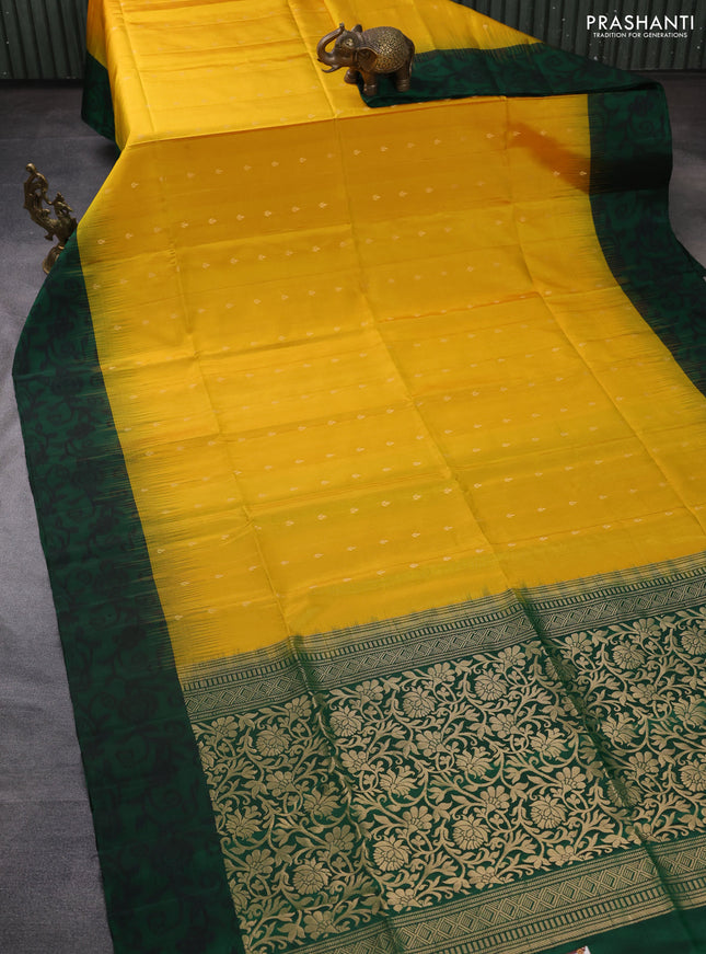 Ikat soft silk saree mango yellow and green with allover zari woven buttas and ikat style border