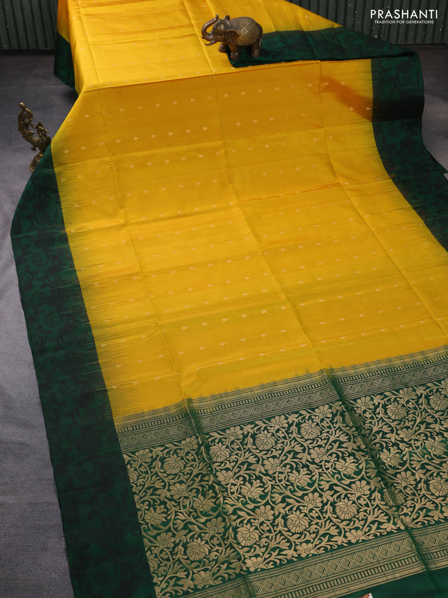 Ikat soft silk saree mango yellow and green with allover zari woven buttas and ikat style border