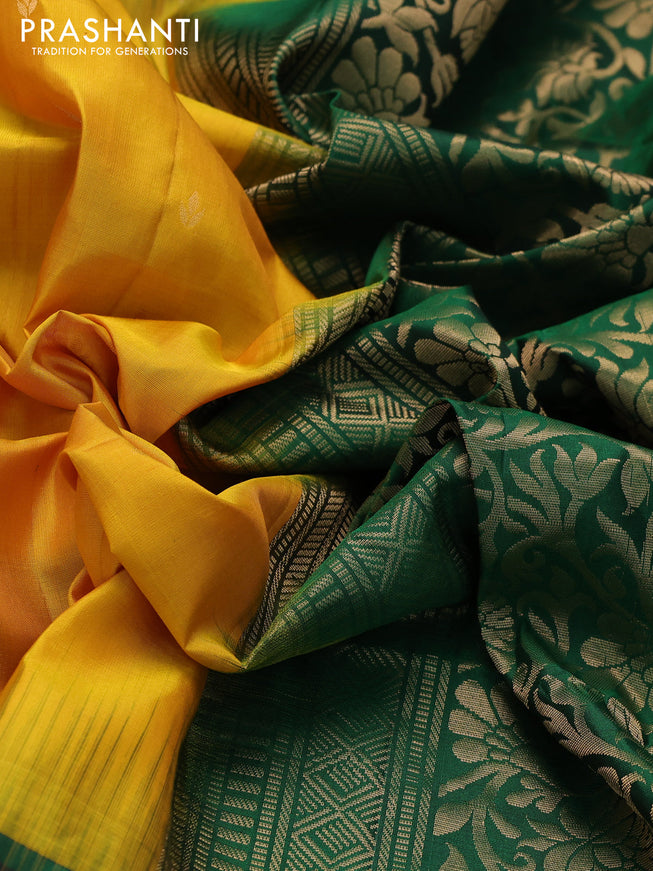 Ikat soft silk saree mango yellow and green with allover zari woven buttas and ikat style border
