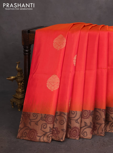 Ikat soft silk saree dual shade of pinkish orange and dark sandal with zari woven buttas and ikat style border