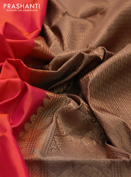 Ikat soft silk saree dual shade of pinkish orange and dark sandal with zari woven buttas and ikat style border