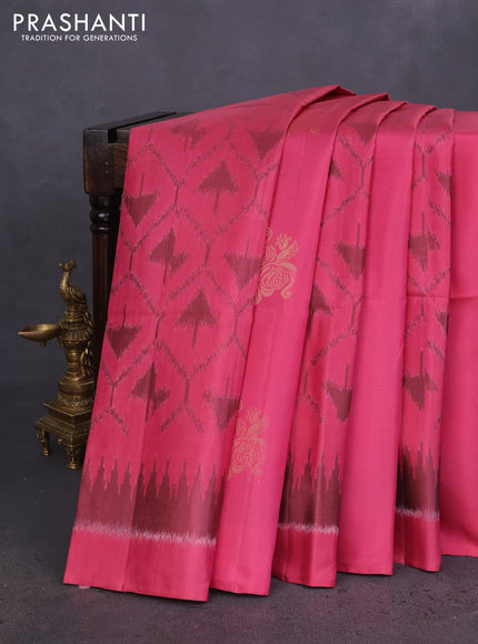 Ikat soft silk saree pink shade and dark sandal with allover ikat weaves & floral zari buttas in borderless style