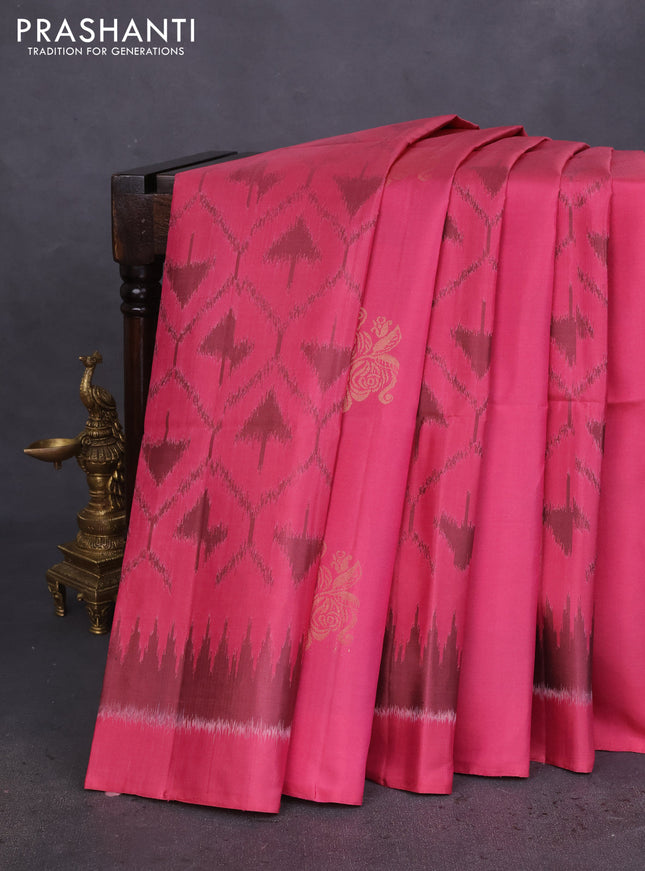 Ikat soft silk saree pink shade and dark sandal with allover ikat weaves & floral zari buttas in borderless style