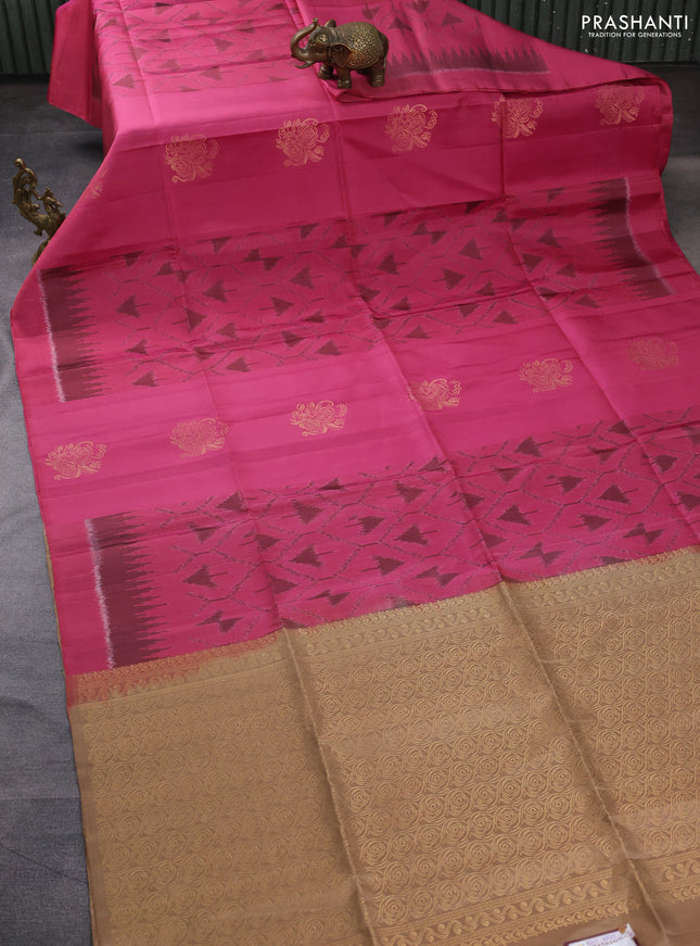 Ikat soft silk saree pink shade and dark sandal with allover ikat weaves & floral zari buttas in borderless style