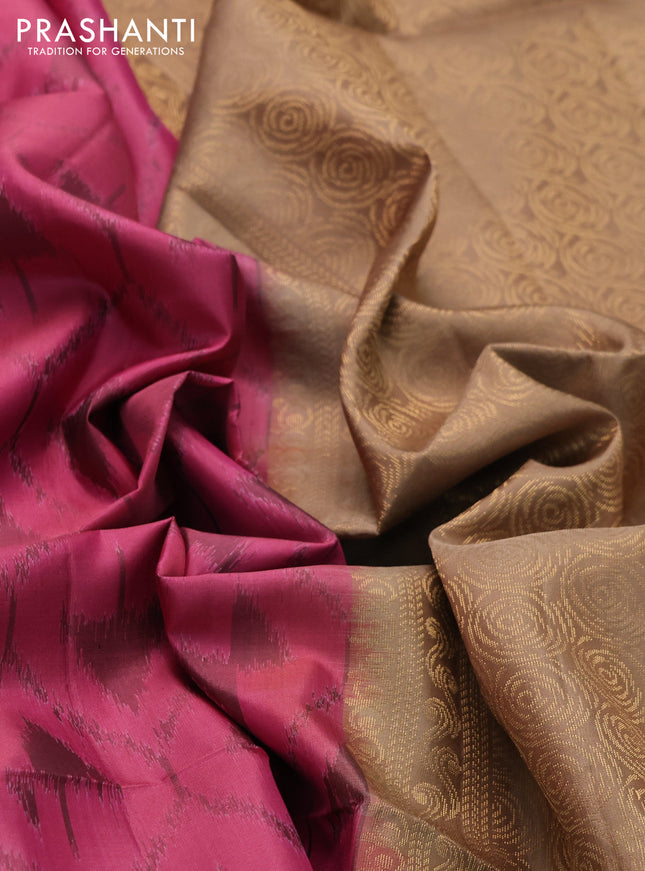 Ikat soft silk saree pink shade and dark sandal with allover ikat weaves & floral zari buttas in borderless style