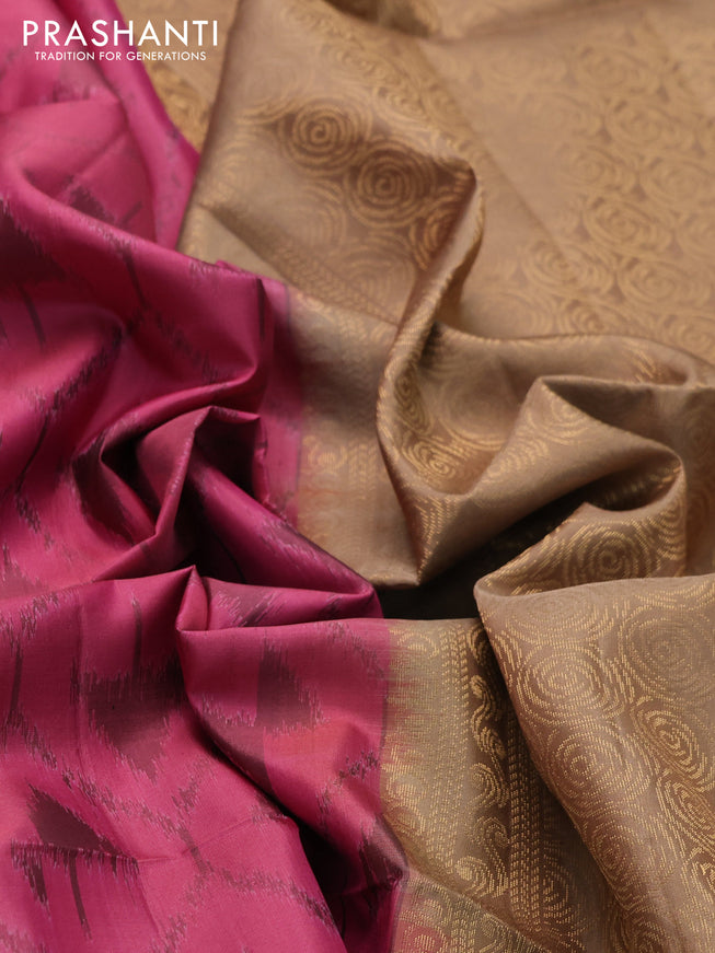 Ikat soft silk saree pink shade and dark sandal with allover ikat weaves & floral zari buttas in borderless style