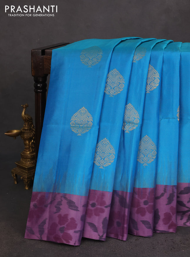 Ikat soft silk saree dual shade of teal blue and pastel purple with zari woven buttas and ikat style border