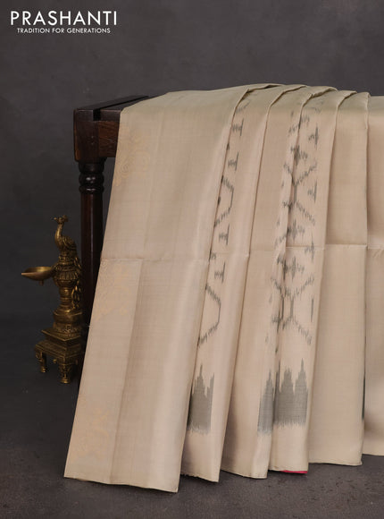 Ikat soft silk saree beige and pink shade with allover ikat weaves & floral zari buttas in borderless style