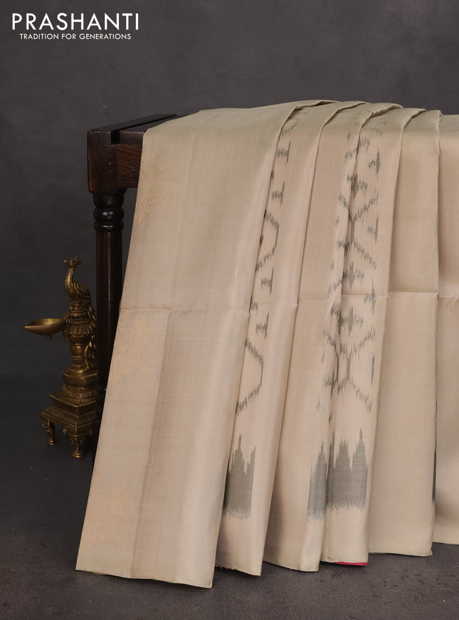 Ikat soft silk saree beige and pink shade with allover ikat weaves & floral zari buttas in borderless style