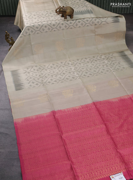 Ikat soft silk saree beige and pink shade with allover ikat weaves & floral zari buttas in borderless style