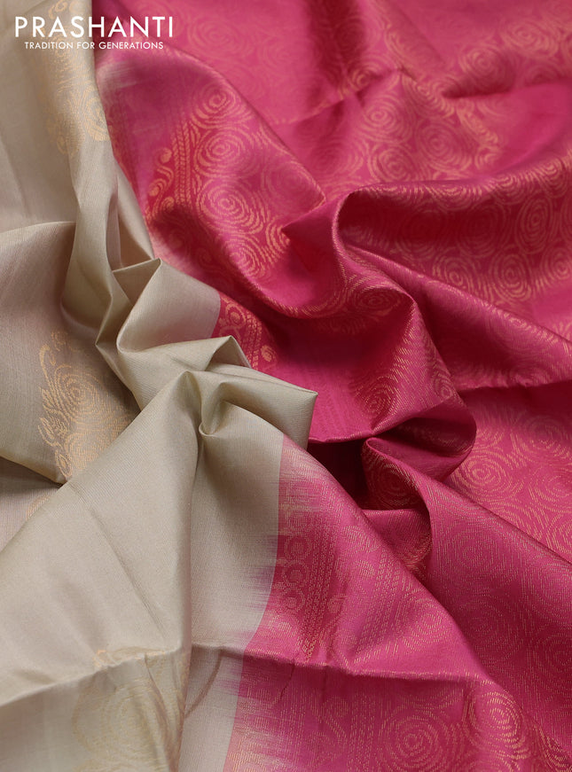 Ikat soft silk saree beige and pink shade with allover ikat weaves & floral zari buttas in borderless style