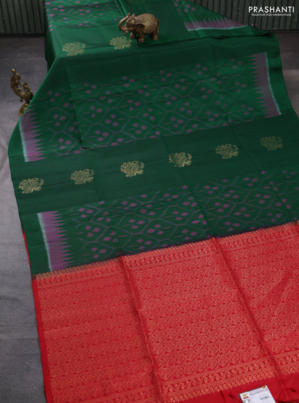 Ikat soft silk saree dark green and red with allover ikat weaves & floral zari buttas in borderless style
