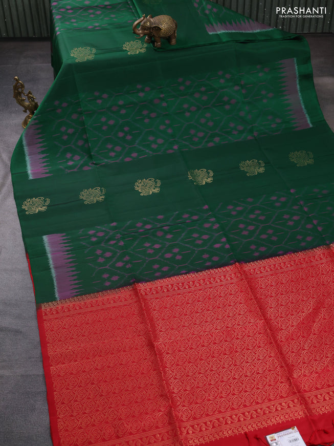Ikat soft silk saree dark green and red with allover ikat weaves & floral zari buttas in borderless style