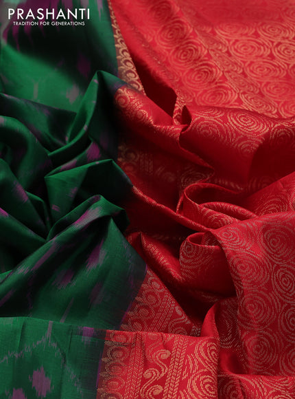 Ikat soft silk saree dark green and red with allover ikat weaves & floral zari buttas in borderless style