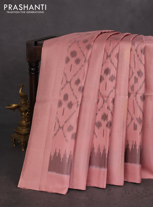 Ikat soft silk saree pastel peach and pink with allover ikat weaves & floral zari buttas in borderless style