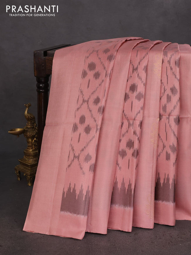 Ikat soft silk saree pastel peach and pink with allover ikat weaves & floral zari buttas in borderless style