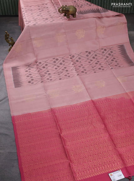 Ikat soft silk saree pastel peach and pink with allover ikat weaves & floral zari buttas in borderless style