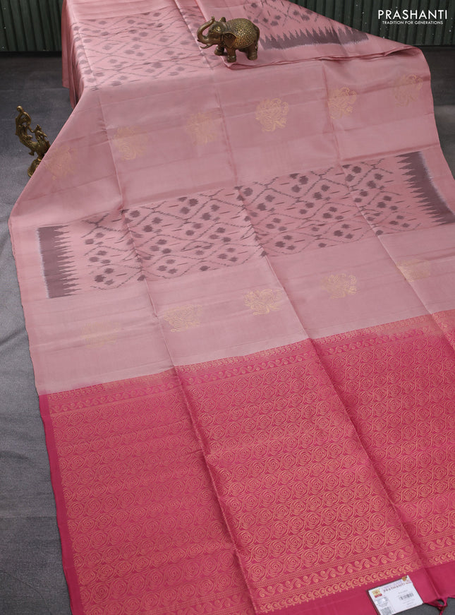 Ikat soft silk saree pastel peach and pink with allover ikat weaves & floral zari buttas in borderless style