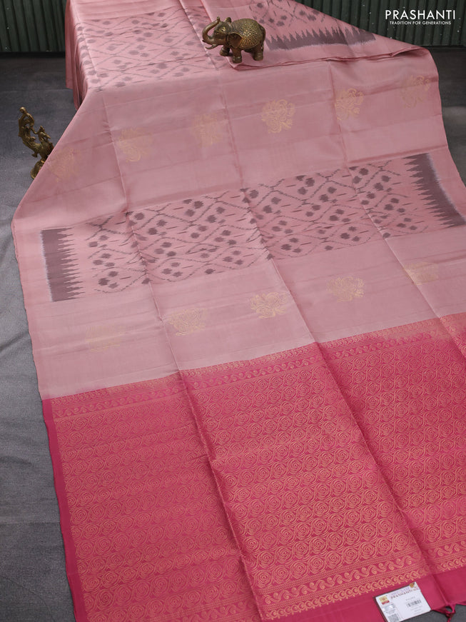 Ikat soft silk saree pastel peach and pink with allover ikat weaves & floral zari buttas in borderless style