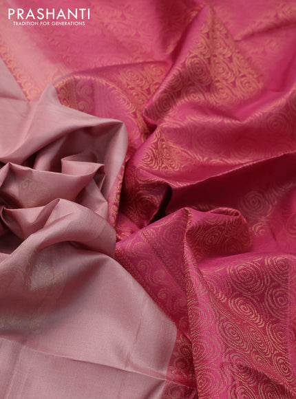 Ikat soft silk saree pastel peach and pink with allover ikat weaves & floral zari buttas in borderless style