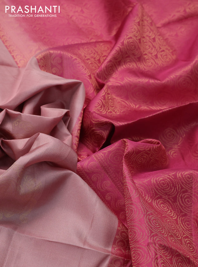 Ikat soft silk saree pastel peach and pink with allover ikat weaves & floral zari buttas in borderless style