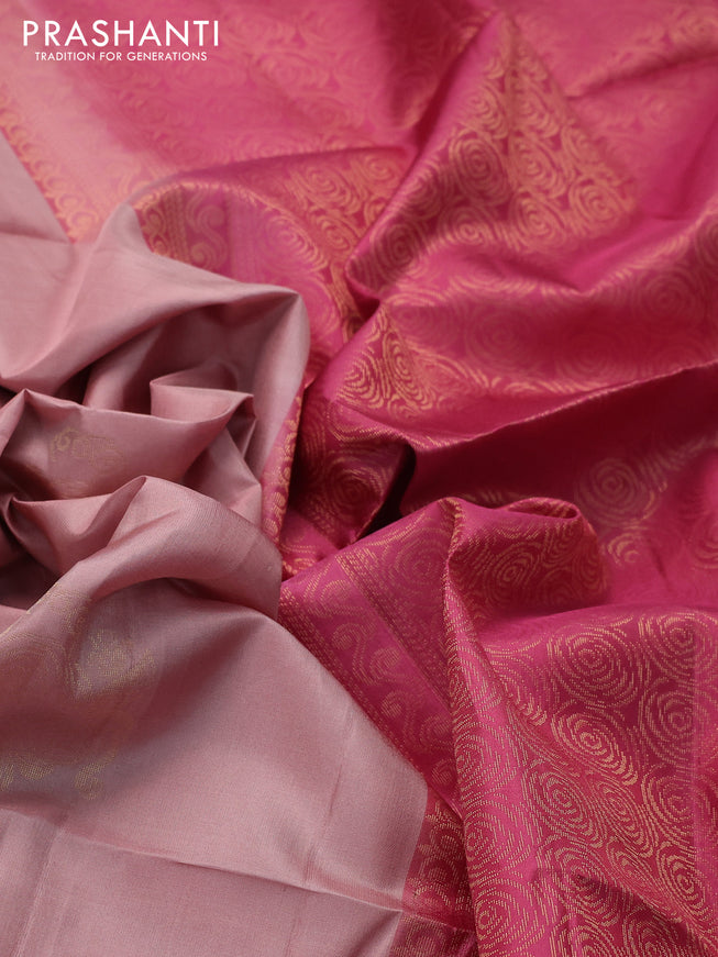 Ikat soft silk saree pastel peach and pink with allover ikat weaves & floral zari buttas in borderless style