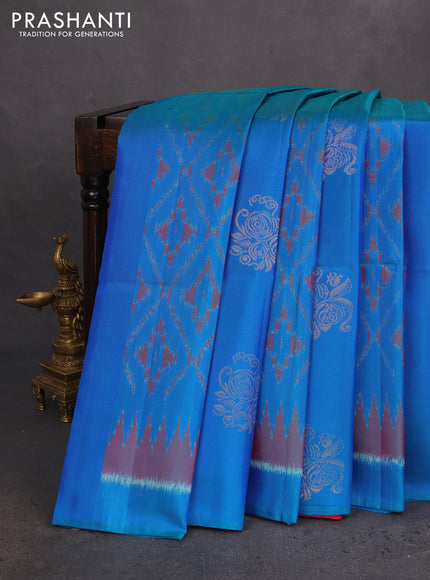 Ikat soft silk saree dual shade of bluish green and pink with allover ikat weaves & floral zari buttas in borderless style