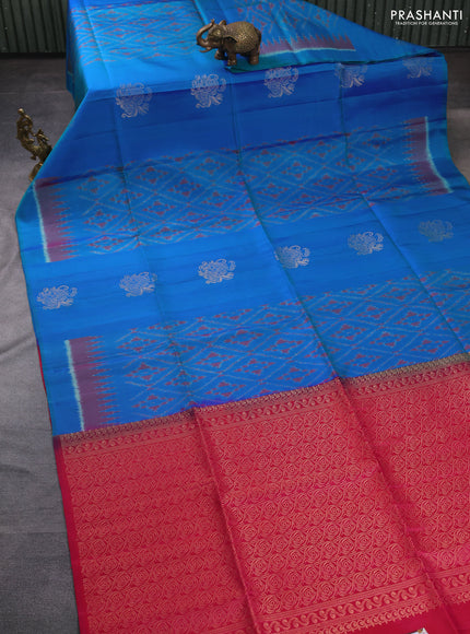 Ikat soft silk saree dual shade of bluish green and pink with allover ikat weaves & floral zari buttas in borderless style