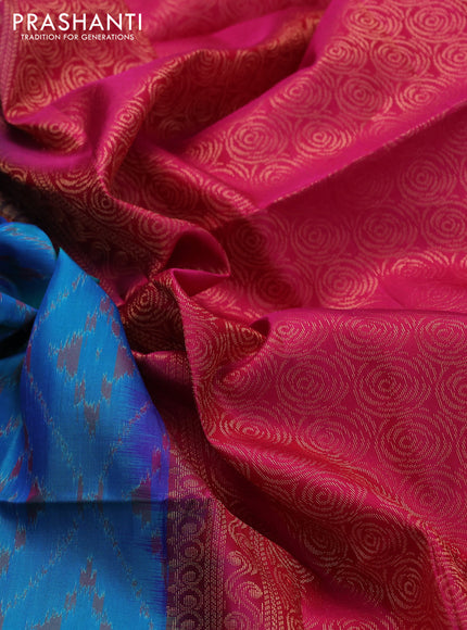 Ikat soft silk saree dual shade of bluish green and pink with allover ikat weaves & floral zari buttas in borderless style