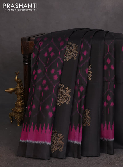 Ikat soft silk saree black and red with allover ikat weaves & floral zari buttas in borderless style