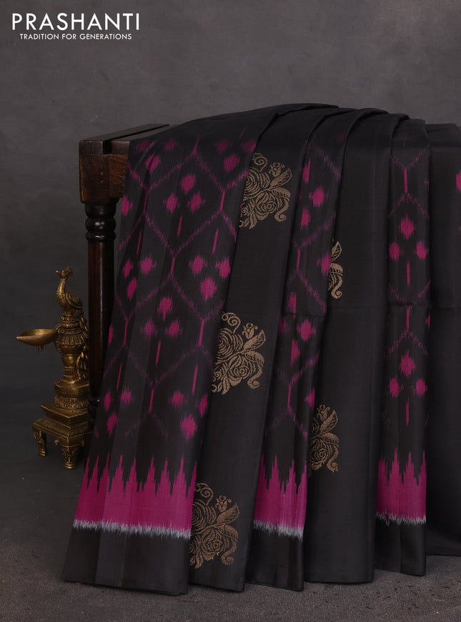 Ikat soft silk saree black and red with allover ikat weaves & floral zari buttas in borderless style