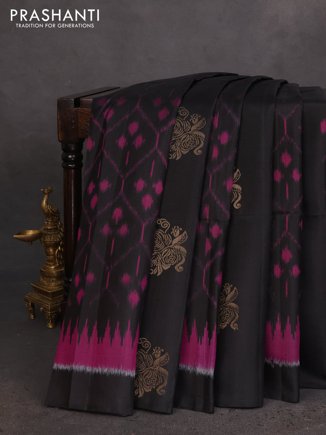 Ikat soft silk saree black and red with allover ikat weaves & floral zari buttas in borderless style