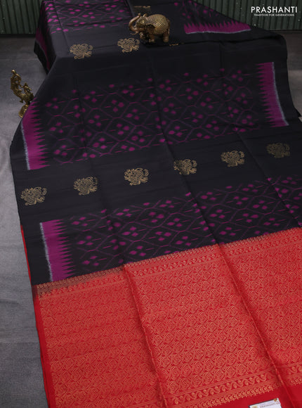 Ikat soft silk saree black and red with allover ikat weaves & floral zari buttas in borderless style