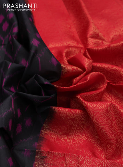 Ikat soft silk saree black and red with allover ikat weaves & floral zari buttas in borderless style