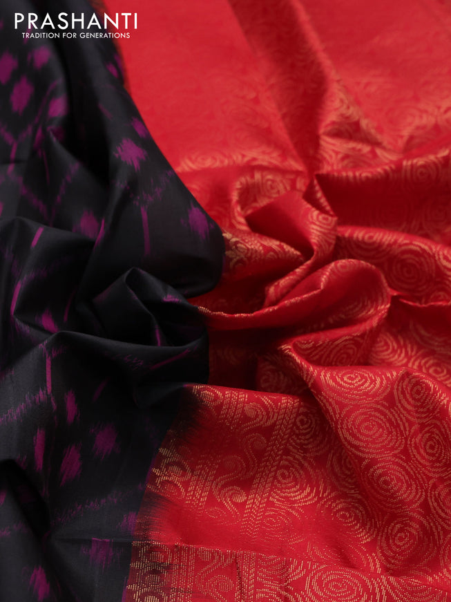 Ikat soft silk saree black and red with allover ikat weaves & floral zari buttas in borderless style