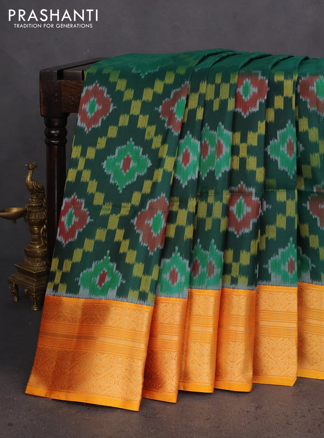 Ikat soft silk saree bottle green and yellow with allover ikat weaves and zari woven border